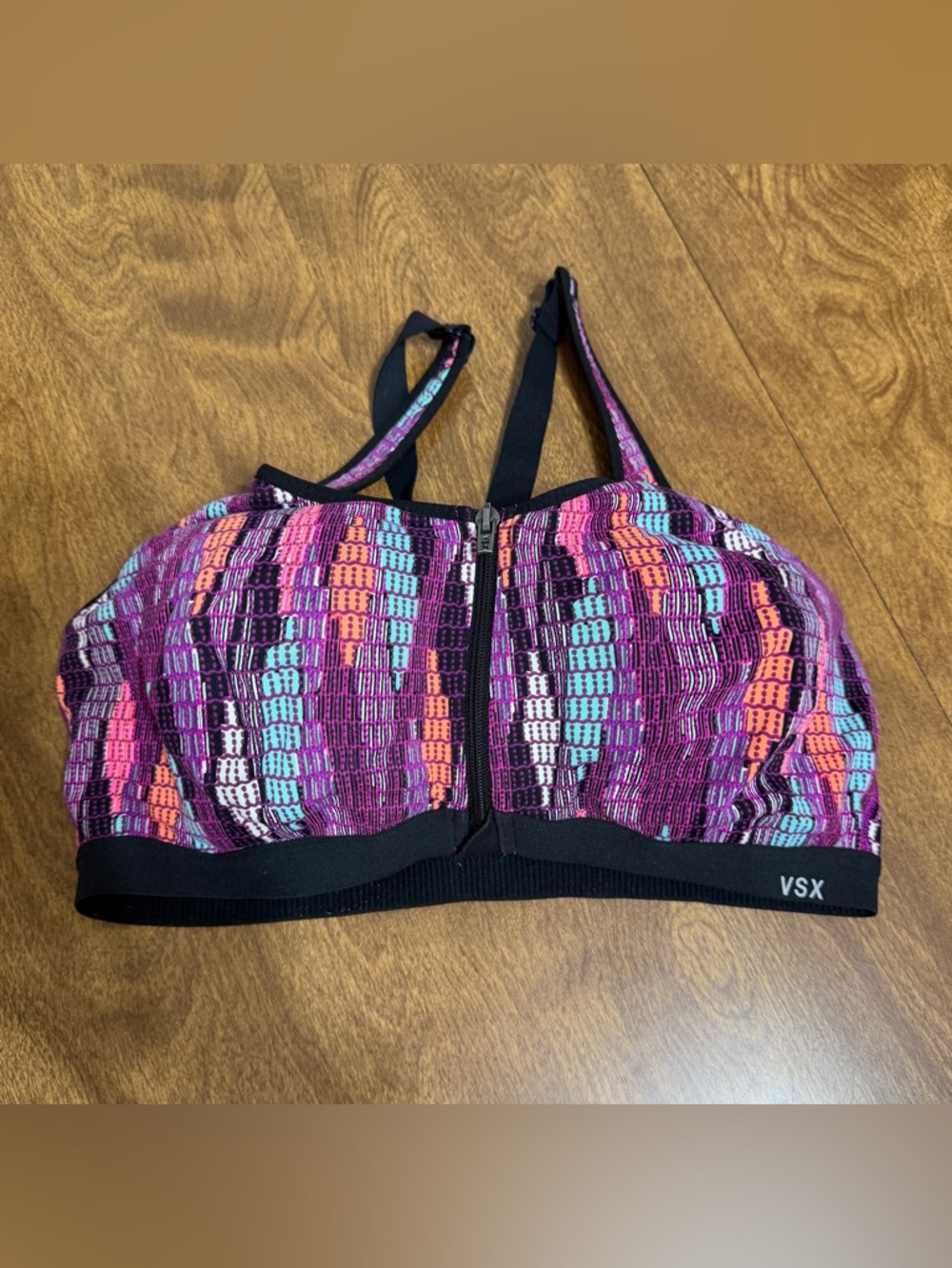 VSX Zip-Front Sports Bra in Purple, Pink, Aqua & Orange